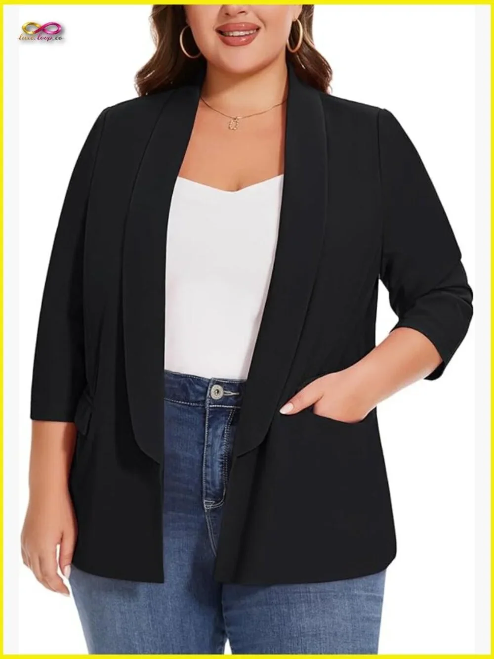 Plus Size Blazer 3/4 Sleeve Open Front Shawl Collar Lightweight Work Casual